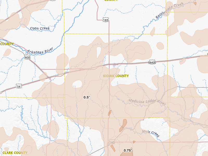 Radar-estimated hail-size map of the storm over Greensburg, KS on Jun 1, 2026