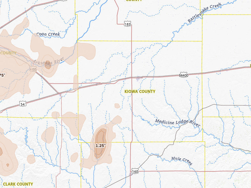 Radar-estimated hail-size map of the storm over Greensburg, KS on Jul 23, 2026