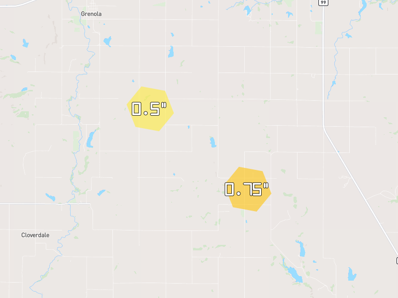 Hail map of Grenola, KS on Jun 26, 2026, hail up to 0.75"