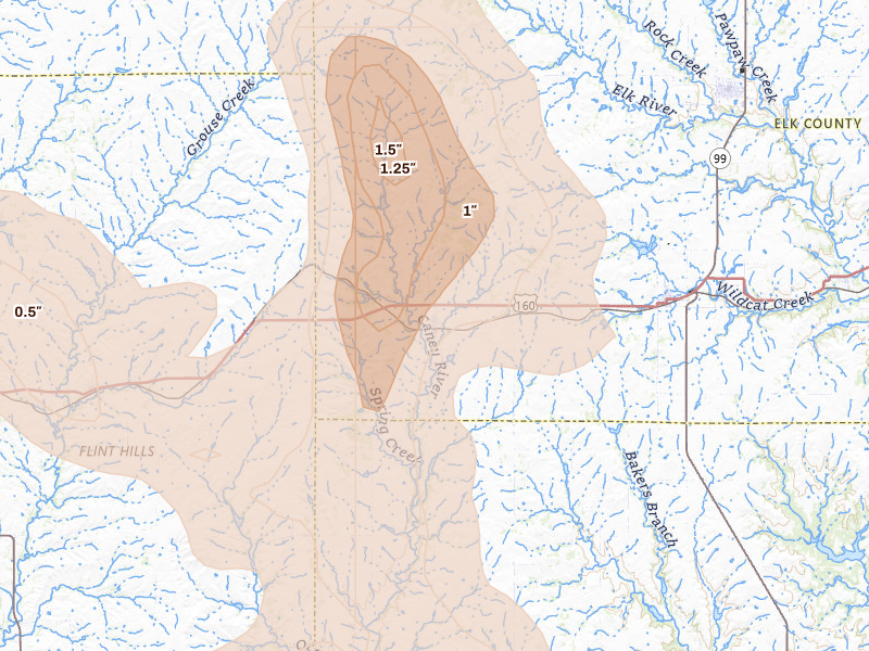 Radar-estimated hail-size map of the storm over Grenola, KS on Jul 4, 2026