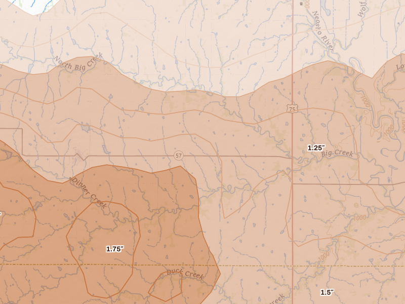 Radar-estimated hail-size map of the storm over Gridley, KS on Apr 26, 2026