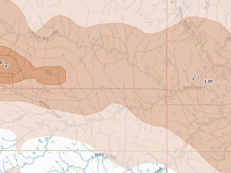 Radar-estimated hail-size map of the storm over Gridley, KS on May 31, 2026