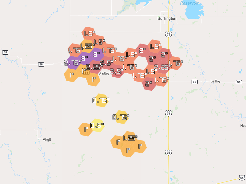 Hail map of Gridley, KS on Jun 1, 2026, hail up to 3"