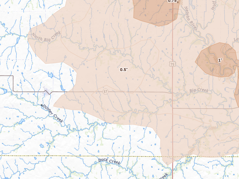 Radar-estimated hail-size map of the storm over Gridley, KS on Aug 5, 2026