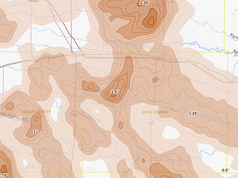 Radar-estimated hail-size map of the storm over Grinnell, KS on Jun 20, 2026