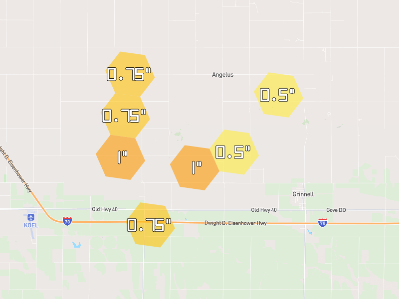 Hail map of Grinnell, KS on Jul 4, 2026, hail up to 1"