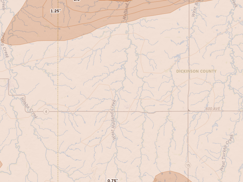 Radar-estimated hail-size map of the storm over Gypsum, KS on Apr 26, 2026