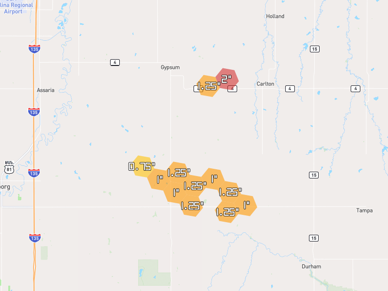 Hail map of Gypsum, KS on Jun 1, 2026, hail up to 2"