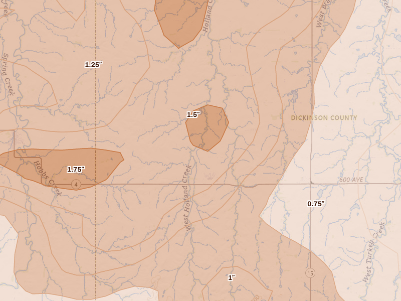 Radar-estimated hail-size map of the storm over Gypsum, KS on Jun 8, 2026