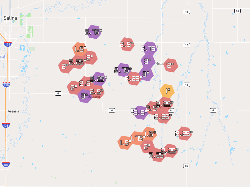 Hail map of Gypsum, KS on Jun 9, 2026, hail up to 3.5"