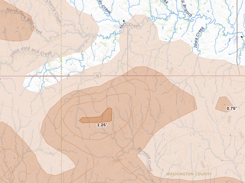 Radar-estimated hail-size map of the storm over Haddam, KS on Apr 9, 2026