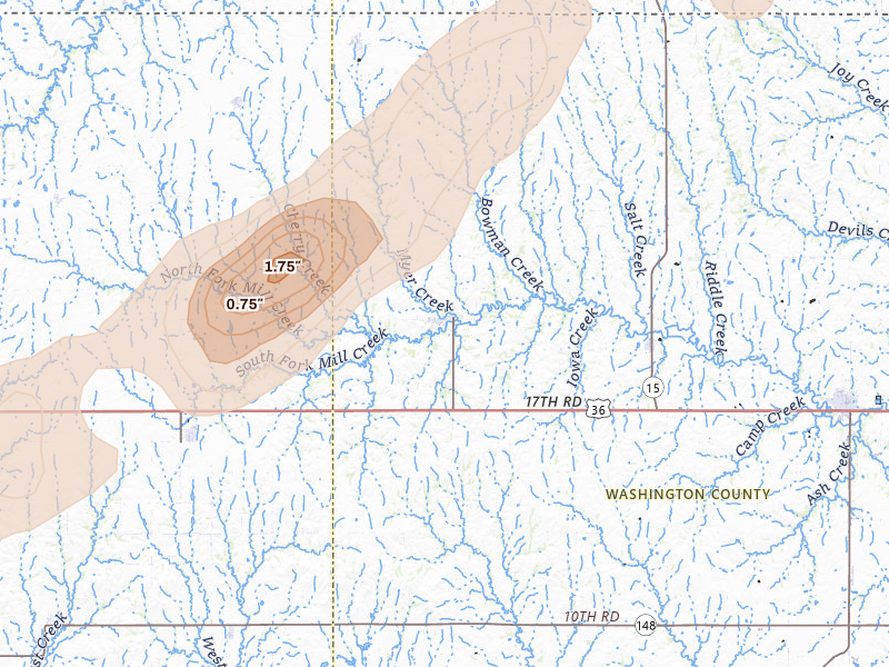 Radar-estimated hail-size map of the storm over Haddam, KS on Apr 11, 2026