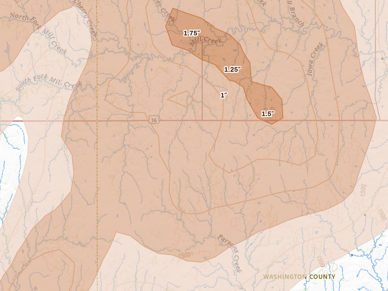 Radar-estimated hail-size map of the storm over Haddam, KS on May 16, 2026