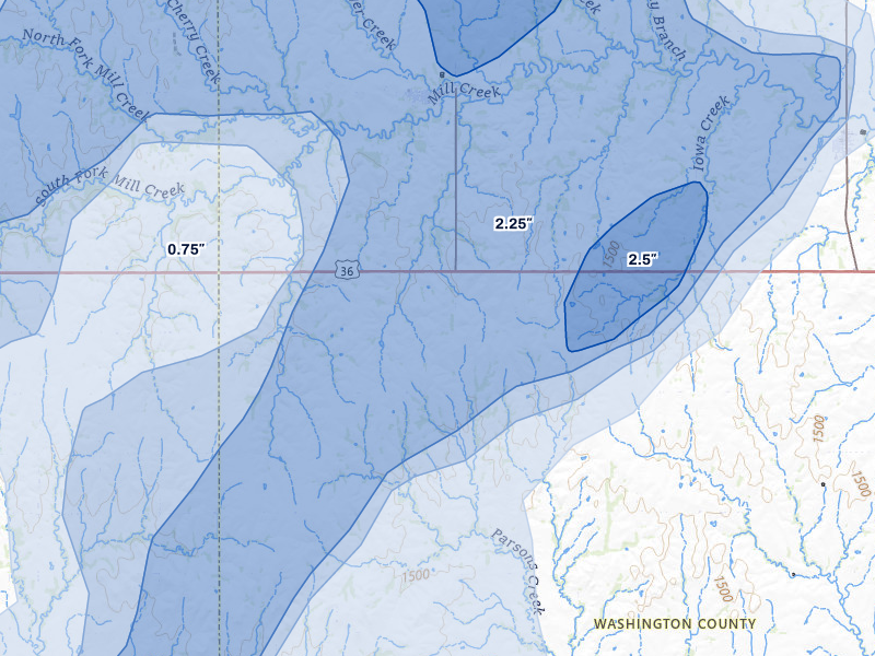 NEXRAD radar-signature map of the hail storm over Haddam, KS on May 16, 2026