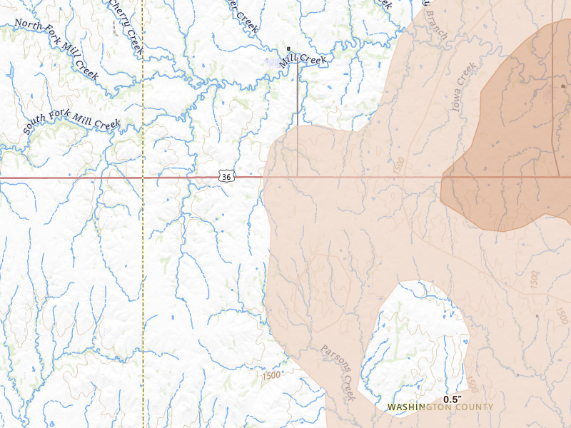 Radar-estimated hail-size map of the storm over Haddam, KS on May 17, 2026
