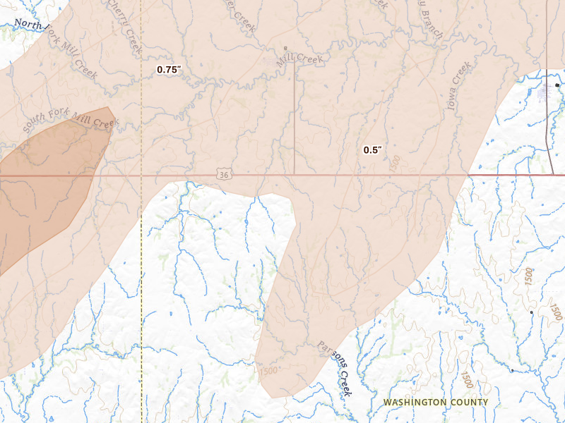 Radar-estimated hail-size map of the storm over Haddam, KS on May 18, 2026
