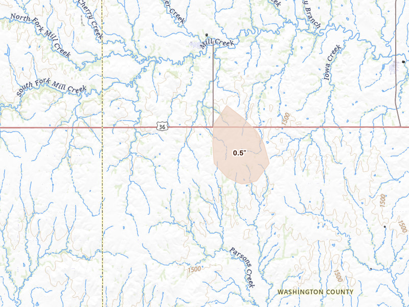 Radar-estimated hail-size map of the storm over Haddam, KS on May 29, 2026
