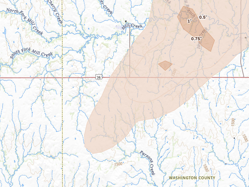 Radar-estimated hail-size map of the storm over Haddam, KS on Jun 4, 2026