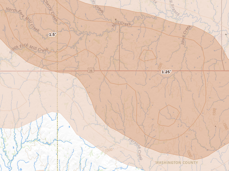 Radar-estimated hail-size map of the storm over Haddam, KS on Jul 3, 2026