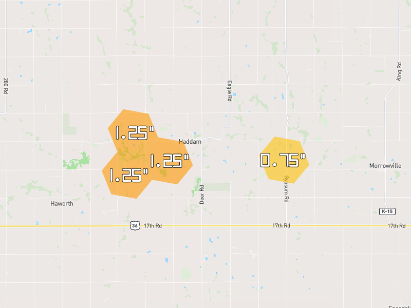 Hail map of Haddam, KS on Jul 3, 2026, hail up to 1.25"