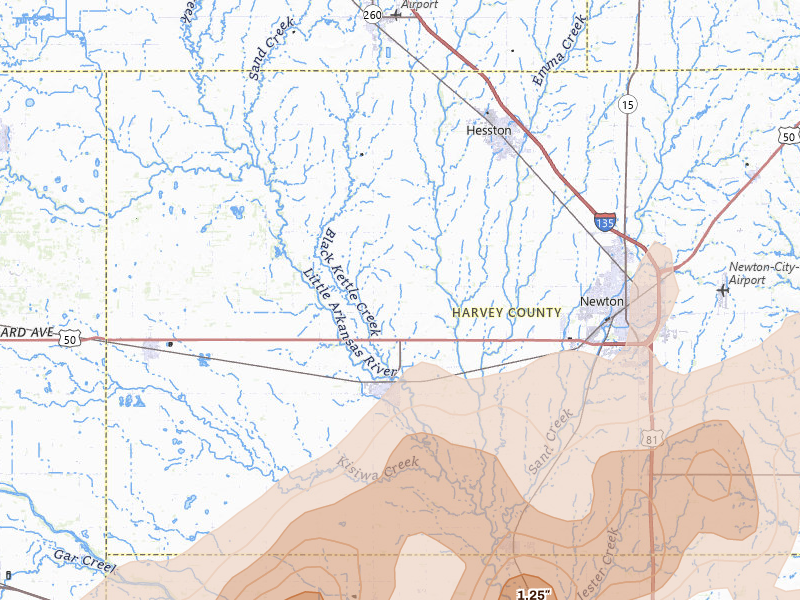 Radar-estimated hail-size map of the storm over Halstead, KS on May 30, 2026