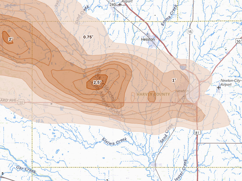 Radar-estimated hail-size map of the storm over Halstead, KS on Jun 10, 2026