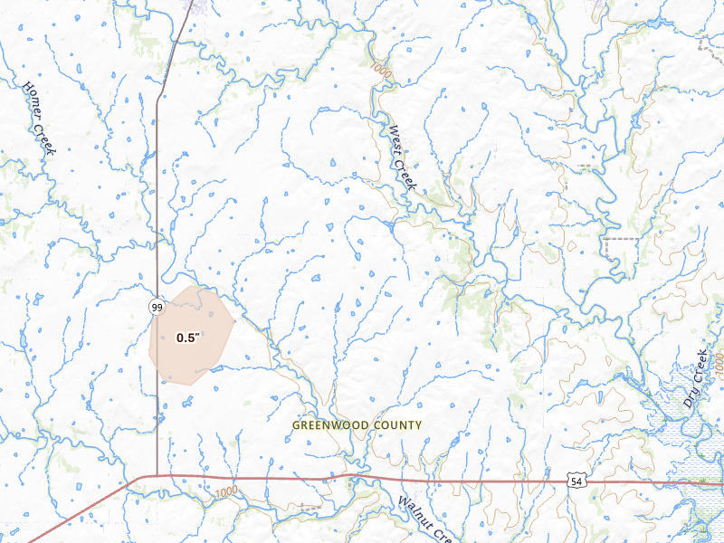 Radar-estimated hail-size map of the storm over Hamilton, KS on Mar 5, 2026