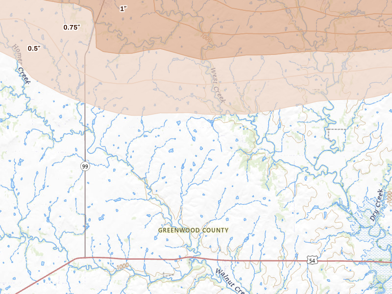 Radar-estimated hail-size map of the storm over Hamilton, KS on Apr 26, 2026