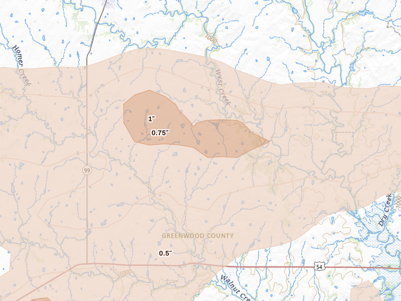Radar-estimated hail-size map of the storm over Hamilton, KS on May 31, 2026