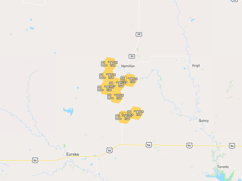 Hail map of Hamilton, KS on Jun 26, 2026, hail up to 0.75"