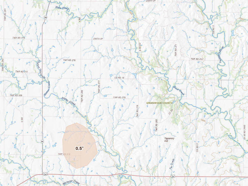 Radar-estimated hail-size map of the storm over Hamilton, KS