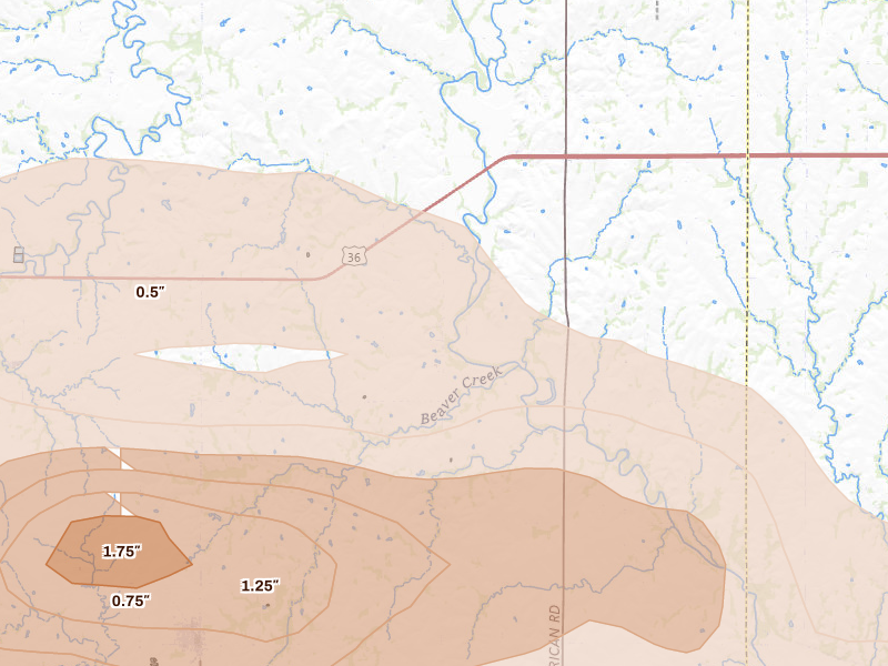 Radar-estimated hail-size map of the storm over Hanover, KS on Apr 9, 2026