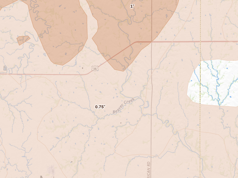 Radar-estimated hail-size map of the storm over Hanover, KS on May 17, 2026