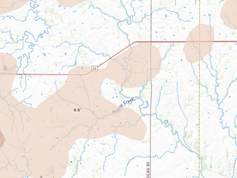 Radar-estimated hail-size map of the storm over Hanover, KS on Jul 3, 2026