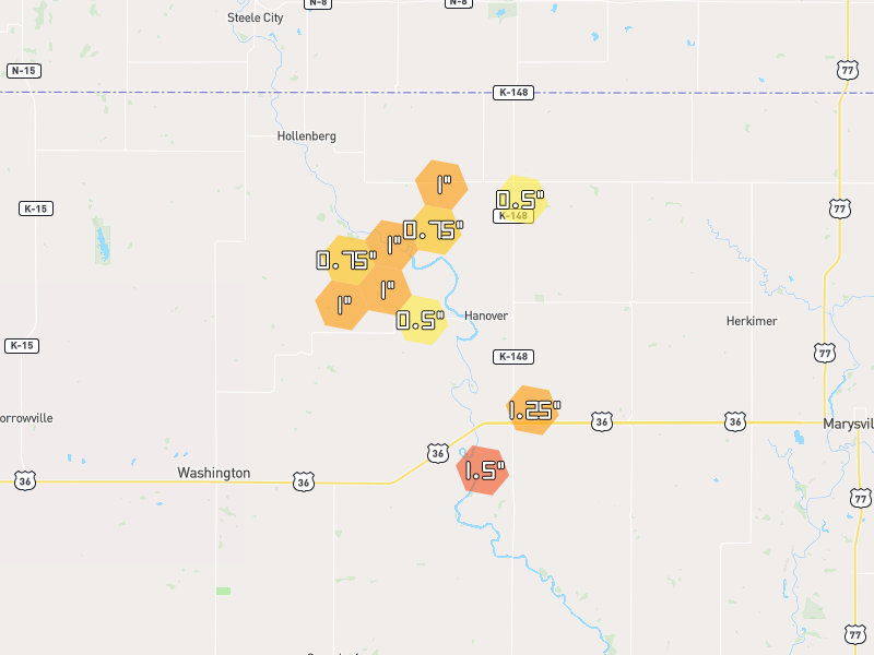 Hail map of Hanover, KS on Jul 4, 2026, hail up to 1.5"