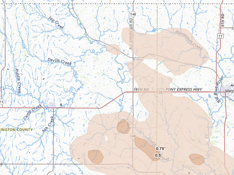 Radar-estimated hail-size map of the storm over Hanover, KS on Aug 6, 2026