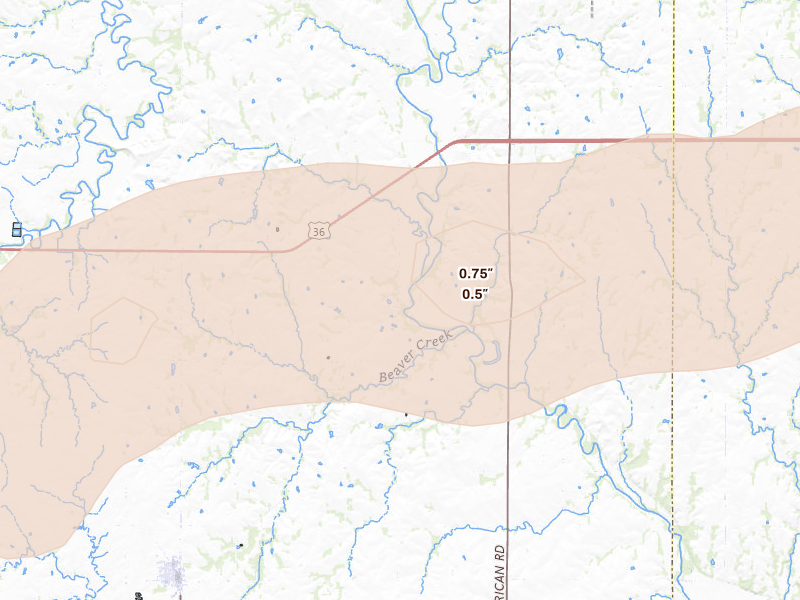 Radar-estimated hail-size map of the storm over Hanover, KS on Aug 15, 2026