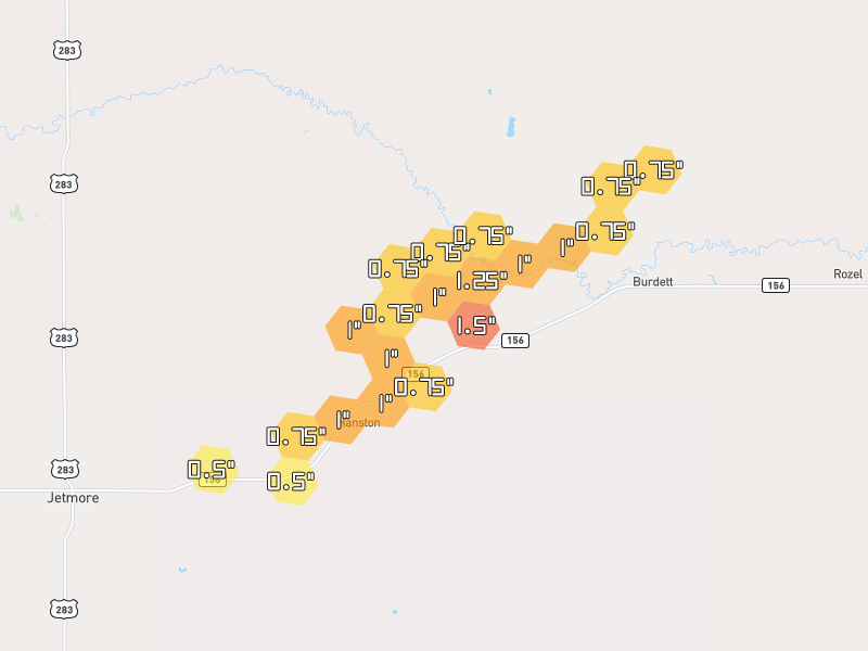 Hail map of Hanston, KS on Jun 9, 2026, hail up to 1.5"