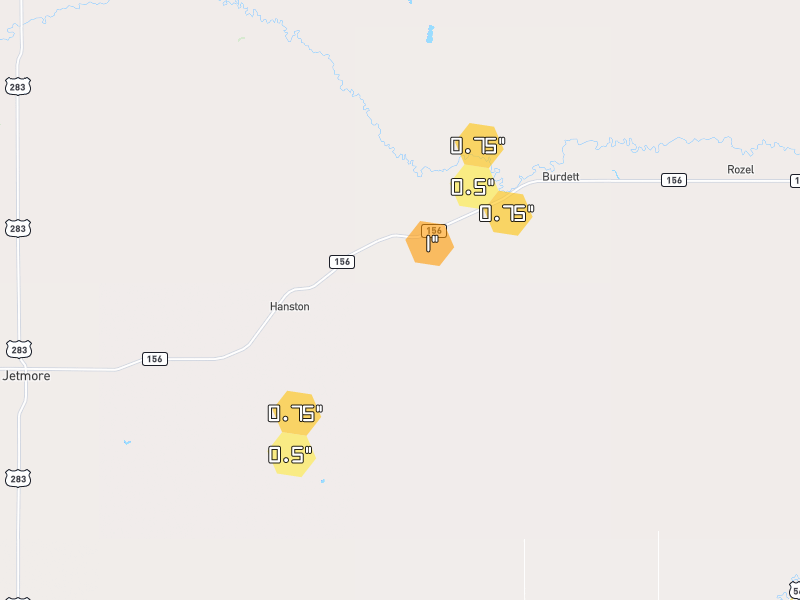 Hail map of Hanston, KS on Jun 27, 2026, hail up to 1"