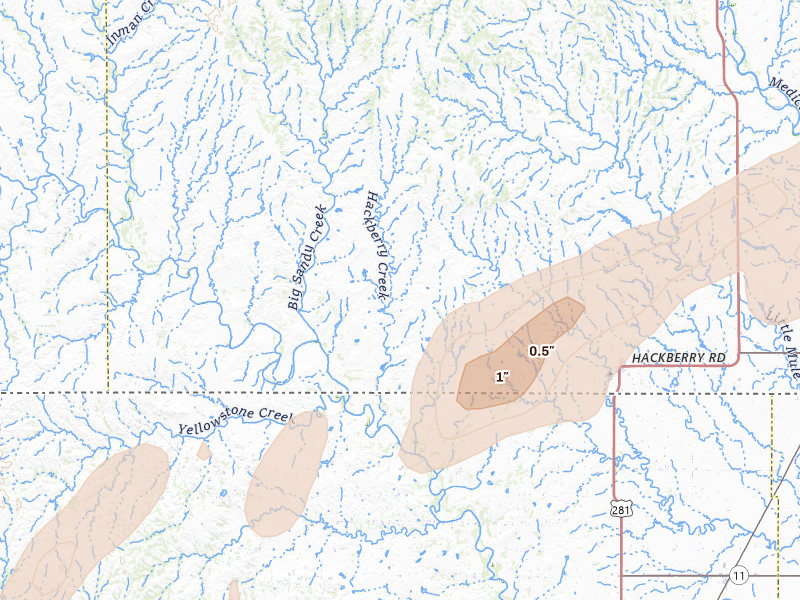Radar-estimated hail-size map of the storm over Hardtner, KS on Mar 3, 2026