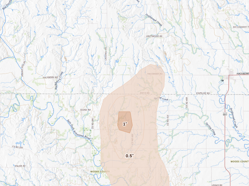 Radar-estimated hail-size map of the storm over Hardtner, KS on Sep 24, 2026