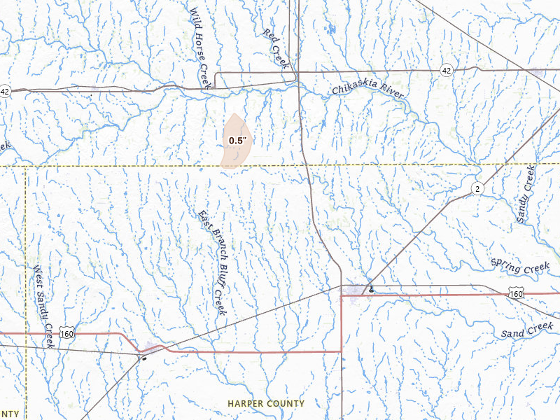 Radar-estimated hail-size map of the storm over Harper, KS on Jan 10, 2026