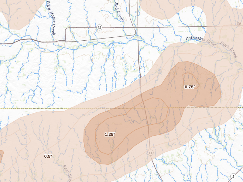 Radar-estimated hail-size map of the storm over Harper, KS on Mar 10, 2026