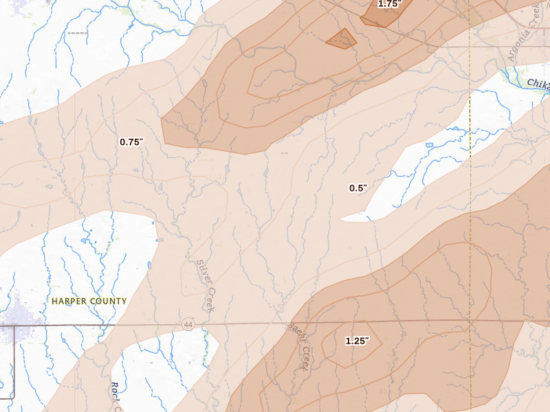 Radar-estimated hail-size map of the storm over Harper, KS on Apr 17, 2026