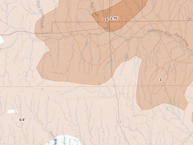 Radar-estimated hail-size map of the storm over Harper, KS on May 18, 2026
