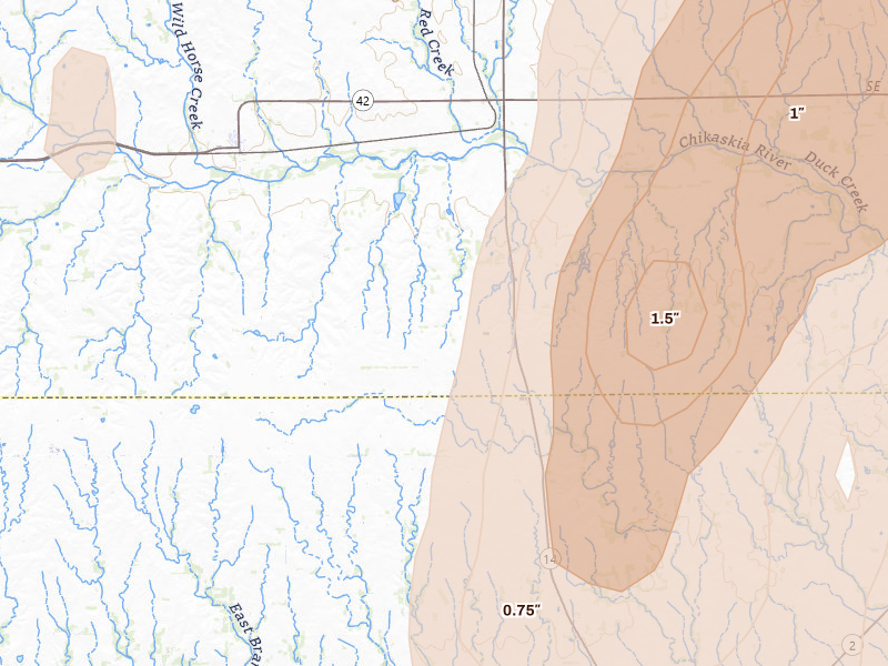 Radar-estimated hail-size map of the storm over Harper, KS on May 30, 2026