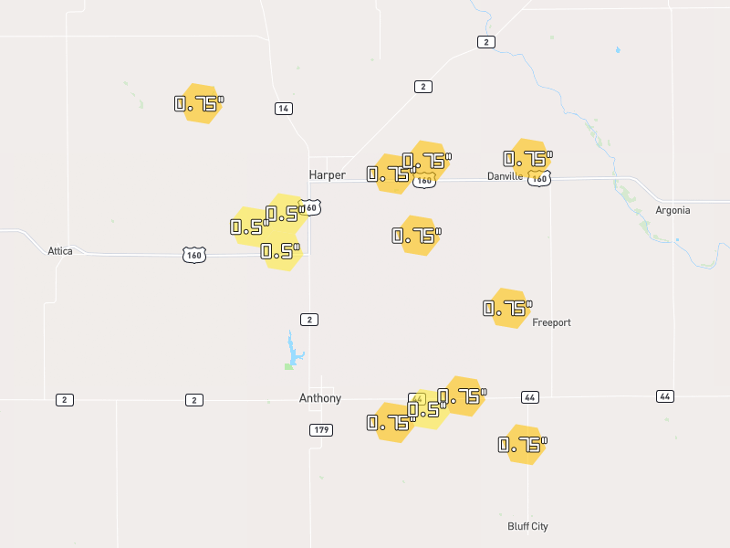 Hail map of Harper, KS on Jun 2, 2026, hail up to 0.75"