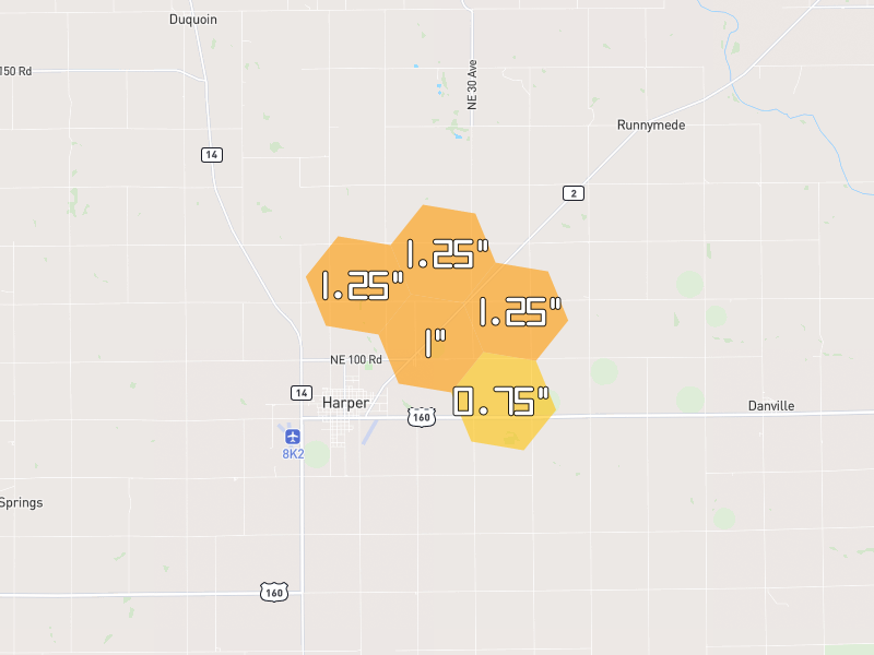 Hail map of Harper, KS on Jun 27, 2026, hail up to 1.25"