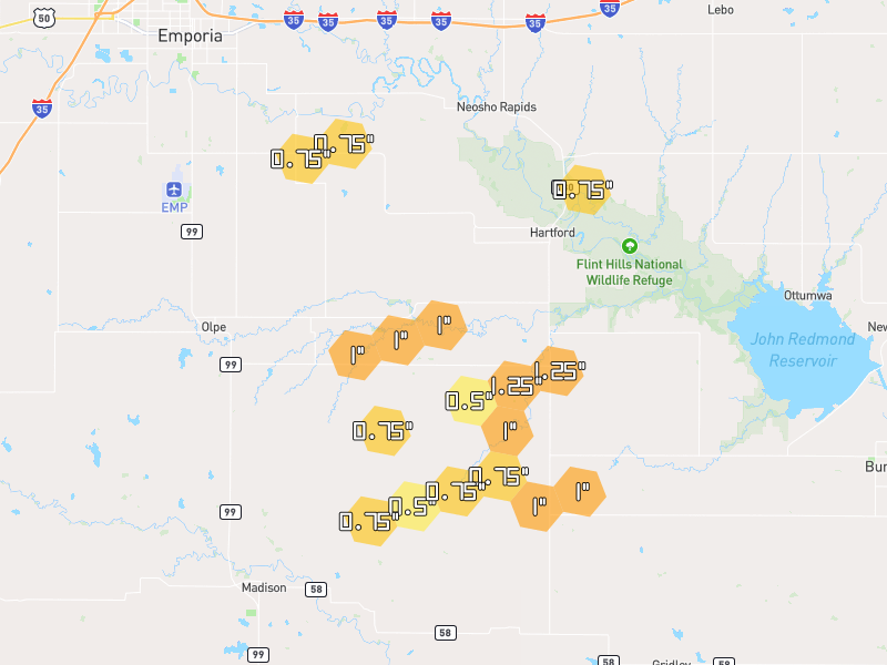Hail map of Hartford, KS on Jun 9, 2026, hail up to 1.25"