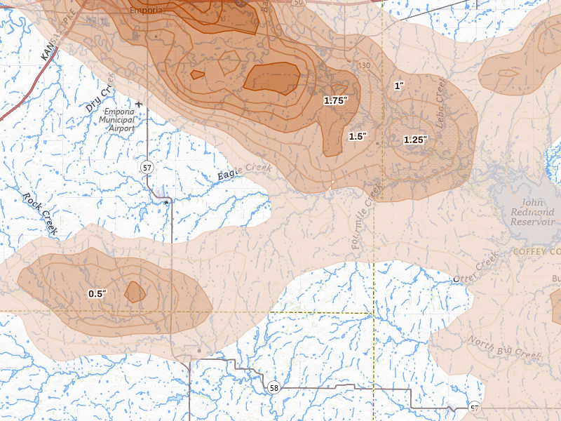 Radar-estimated hail-size map of the storm over Hartford, KS on Aug 5, 2026